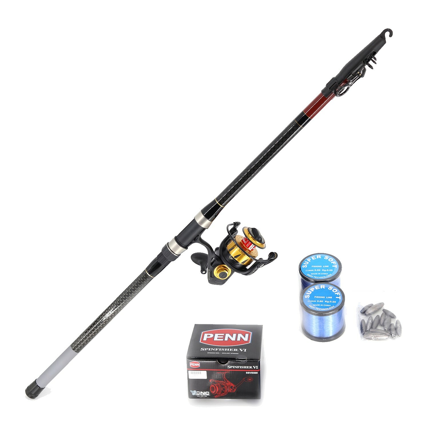 Shore Fishing (Pilot 3.6m and Penn VI 5500 including Nylon line with rigs and sinkers and snap swivels) Combo